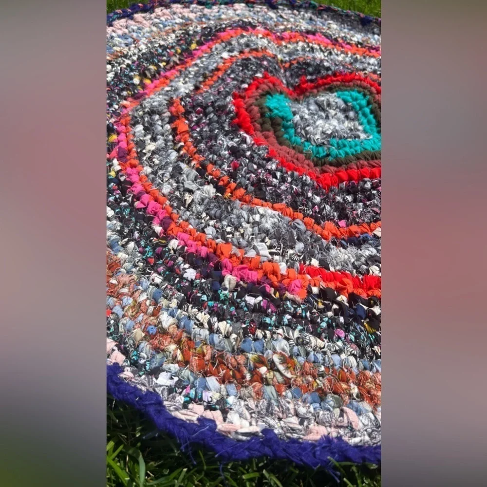 Handmade bohemian crochet upcycled door mat small round floor mat Sz 34